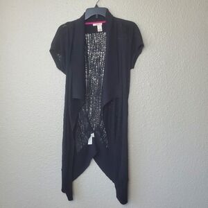 DKNY JEANS women's black cardigan size M in translucent knit with short open sle